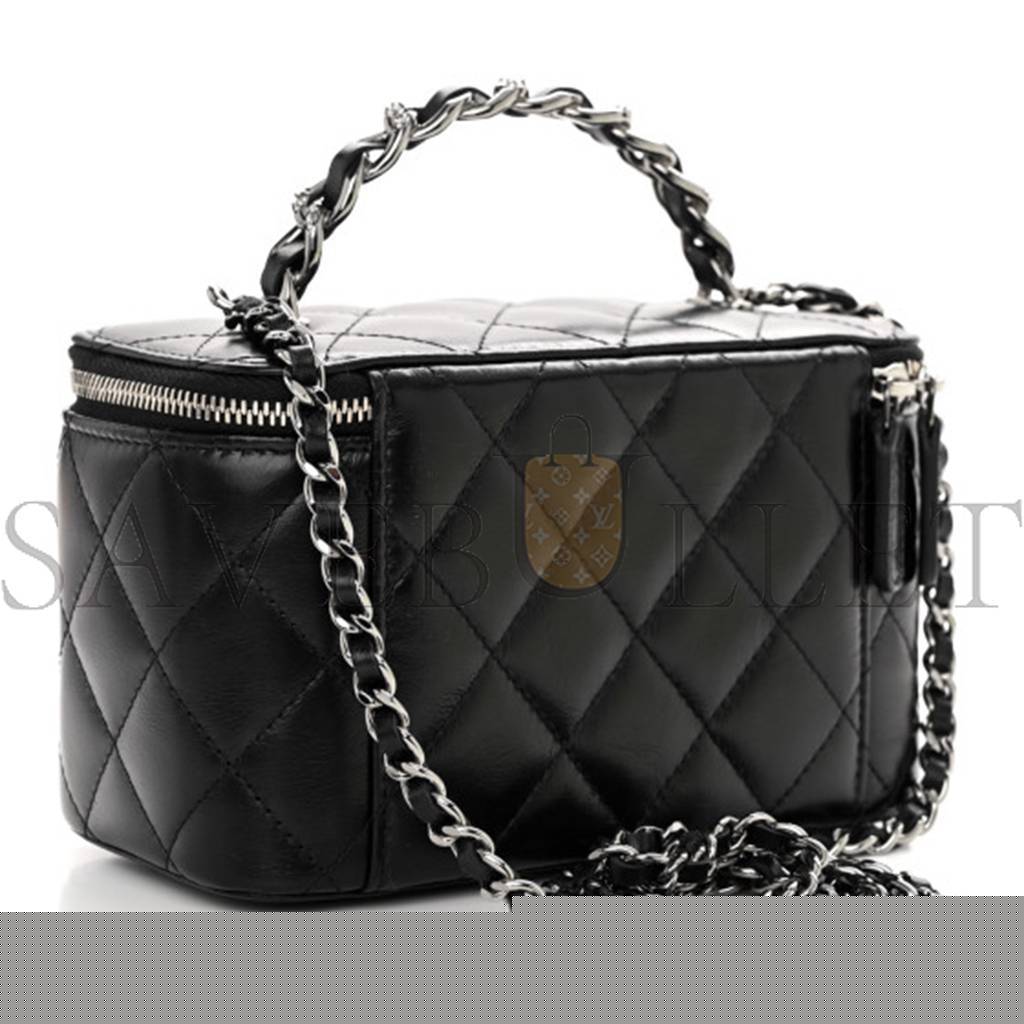 Ch*el master shiny calfskin quilted small crystal top handle vanity case with chain black a96030 (17*9.5*7.8cm)